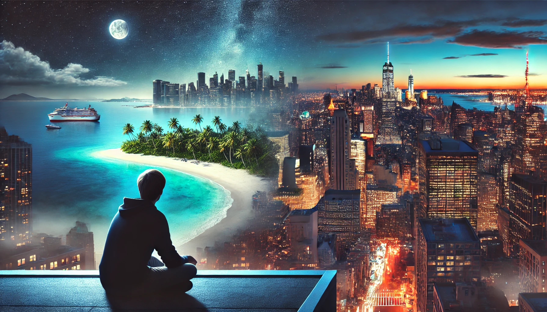 an image inspired by the story, capturing the contrast between the serenity of the remote desert island and the vibrant chaos of New York City. It reflects the nostalgic connection between the two worlds.