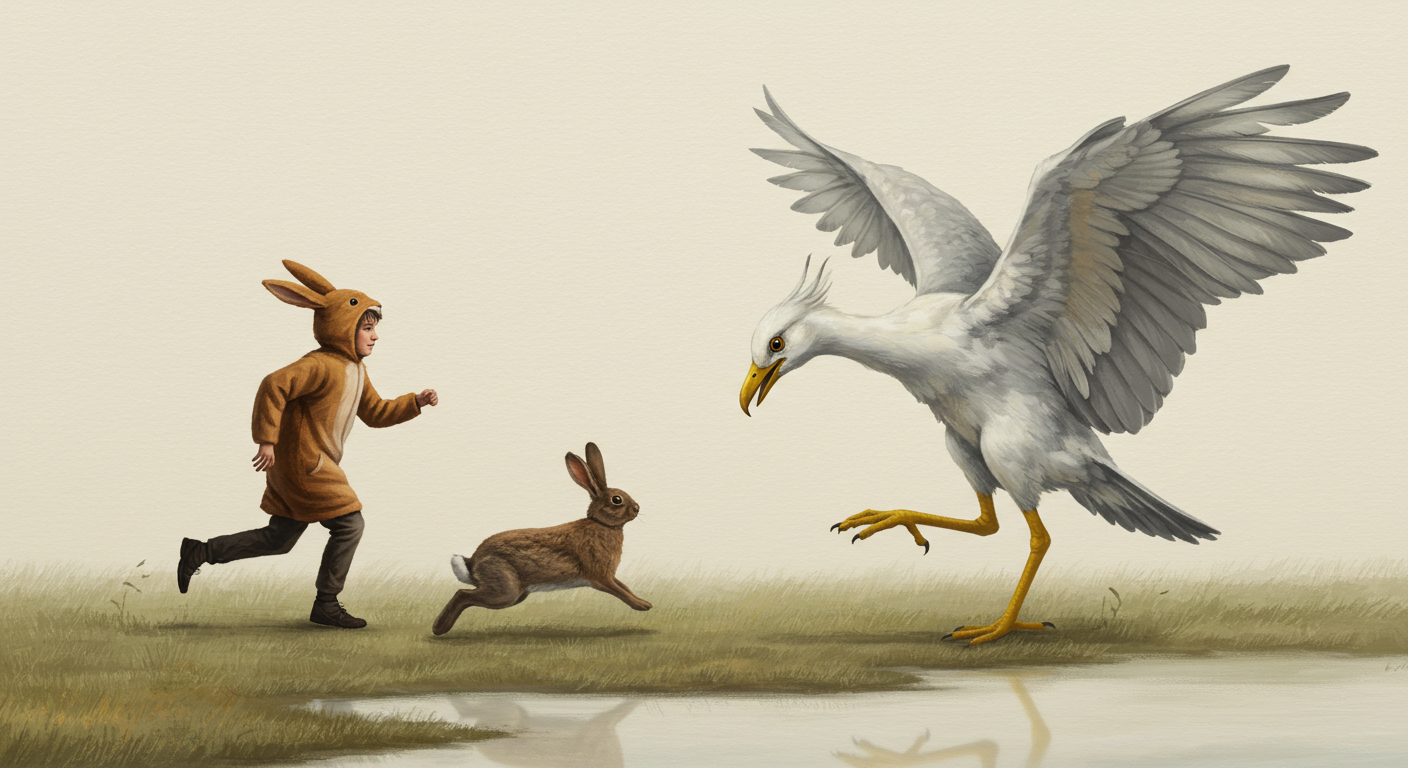 This image depicts a playful boy in a bunny suit, chasing a bunny that is about to be attacked by a huge bird.
